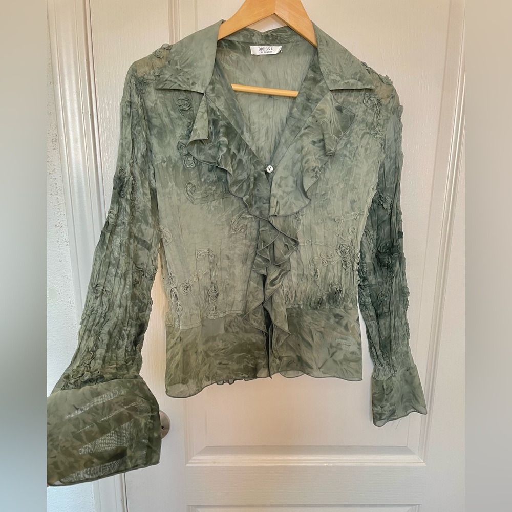 • SOLD • Vintage Sheer Olive Green Ruffle Blouse Textured Boho Button Front Top